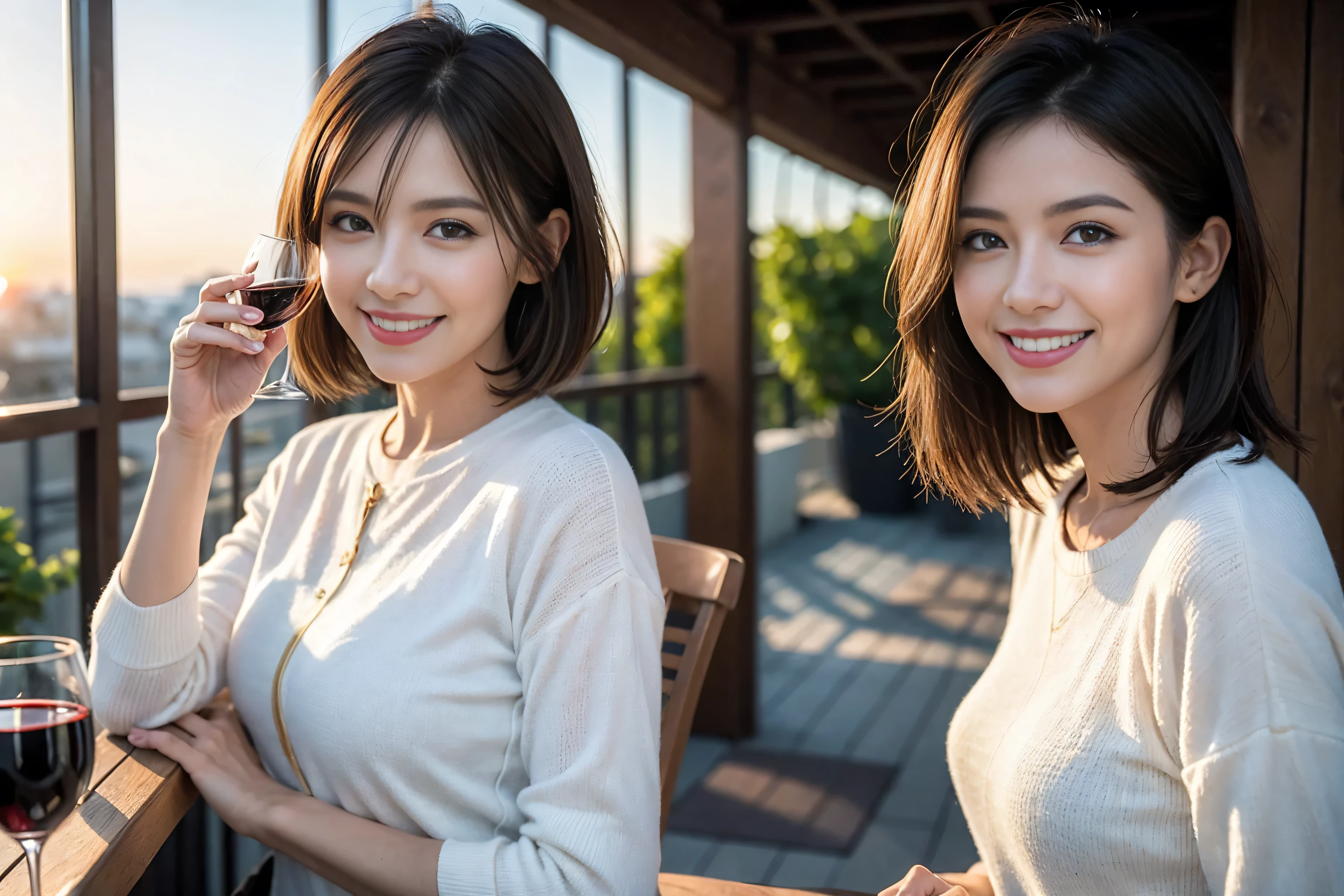 (Realistic:1.1),(masterpiece,Highest quality),8k,(49 years old), 50 years old, slimカップル、Tight waist,Upper Body,full-course dinner、wine 、Amazing view of the sunset sky and clouds、Perfect Anatomy, Brown Hair, short hair,Random Hairstyles,((Highly detailed face and eyes:1.2)),Perfect golden ratio face,Long sleeve shirt、dress,(smile:1.2)、Shortcuts、cute、(Realistic, Intricate details:1.2), A bright smile、short hair,Bright Face、赤wine 、Appetizers、Italian food、wine bottle、Champagne、スパークリングwine、(slimな顔), (The body is slim), (Brown Hair), (Shortcuts), Upper Body, 白wine, slim, wineグラス,