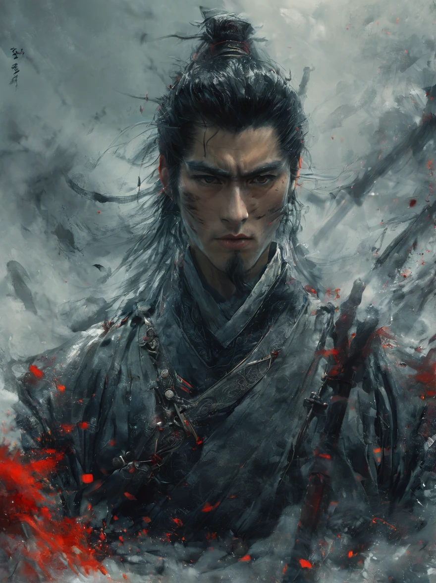 Anamo, 1 boy, Male focus, solitary, Stubble,, Masculinity, Black Hair, Blood, warrior, armor, Looking at the audience, Upper Body, Vicissitudes，Chinese Warrior，Fantasy