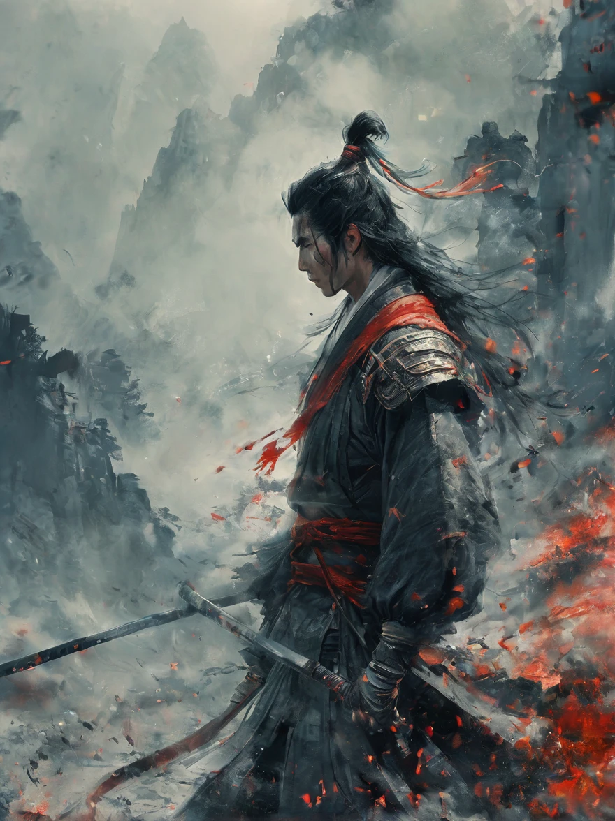Anamo, 1 boy, Male focus, solitary, Stubble,, Masculinity, Black Hair, Blood, warrior, armor, Looking at the audience, Upper Body, Vicissitudes,Chinese Warrior,Fantasy