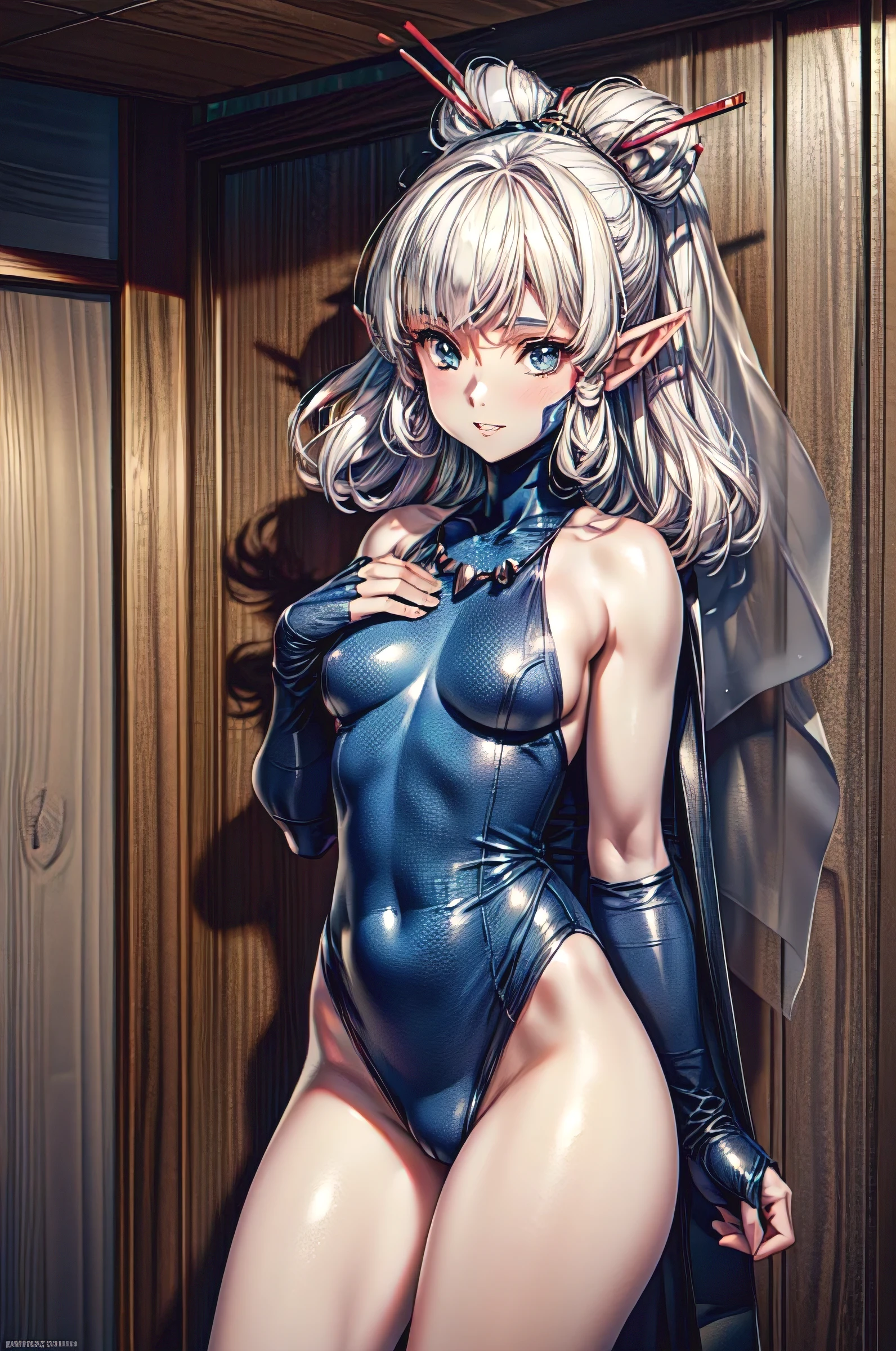 (masterpiece:1.1), (best quality:1.1), 1girl, Real light and shadow, anime face, 4k, 8k, wallpaper,epic, detail texture, Paya, elf ears, pointy ears, White hair, (blue eyes:1.5), ((((white hair:1.35, long hair)))),intricate eyes,beautiful detailed eyes, (symmetrical eyes,big eyes:1.5,(((lustrous skin:1.5,bright skin: 1.5,skin tanned,shiny skin,very shiny skin,shiny body,plastic glitter skin,exaggerated shiny skin,illuminated skin))),(detailed body,(detailed face)), cute, erotic,daring, jersey, number zero, basketball uniform, blue shorts, orange trim, shirt tucked in, from behind, tired, parted lips, looking at viewer, room, wooden wall, wooden floor, (Beautiful, small Breasts:1.2), natural breasts, best quality, masterpiece, very aesthetic, dress, jewelry, flower, wedding dress, veil, necklace, elbow gloves, smile, looking at viewer, (dynamic pose:1.0),happy,smile,(centered,scale to fit dimensions,Rule of thirds), highres,sharp focus,(ultra detailed,extremely detailed),(photorealistic artwork:1.37),(extremely detailed CG unity 8k wallpaper),(((vibrant colors,vibrant theme))),(intricate),(masterpiece),(best quality),