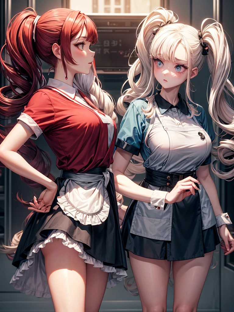 Nurse Poke, a short and somewhat curvaceous young woman, stood with a comically blank expression. Her red nurse shirt was worn with black dress pants and black shoes. A white apron adorned with a large red heart was tied neatly around her waist, and a nursing cap with a red heart perched atop her head. Her messy bobbed hair, styled in pigtails, framed her face and enhanced her clueless, wide-eyed look. In the hospital setting, Nurse Poke stood there with a dumb expression, seemingly lost in her own world. The drills on Nurse Poke's head were not regular pigtails, but instead they were twisted and styled into loopy spirals, giving them a unique and quirky appearance. The loops were formed by wrapping strands of hair around themselves, creating a series of tight spirals that hung down either side of her head. The drills added to her already clumsy and goofy demeanor, further emphasizing her ditzy and easily confused nature