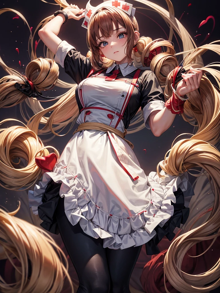 Nurse Poke, a short and somewhat curvaceous young woman, stood with a comically blank expression. Her red nurse shirt was worn with black dress pants and black shoes. A white apron adorned with a large red heart was tied neatly around her waist, and a nursing cap with a red heart perched atop her head. Her messy bobbed hair, styled in pigtails, framed her face and enhanced her clueless, wide-eyed look. In the hospital setting, Nurse Poke stood there with a dumb expression, seemingly lost in her own world. The drills on Nurse Poke's head were not regular pigtails, but instead they were twisted and styled into loopy spirals, giving them a unique and quirky appearance. The loops were formed by wrapping strands of hair around themselves, creating a series of tight spirals that hung down either side of her head. The drills added to her already clumsy and goofy demeanor, further emphasizing her ditzy and easily confused nature