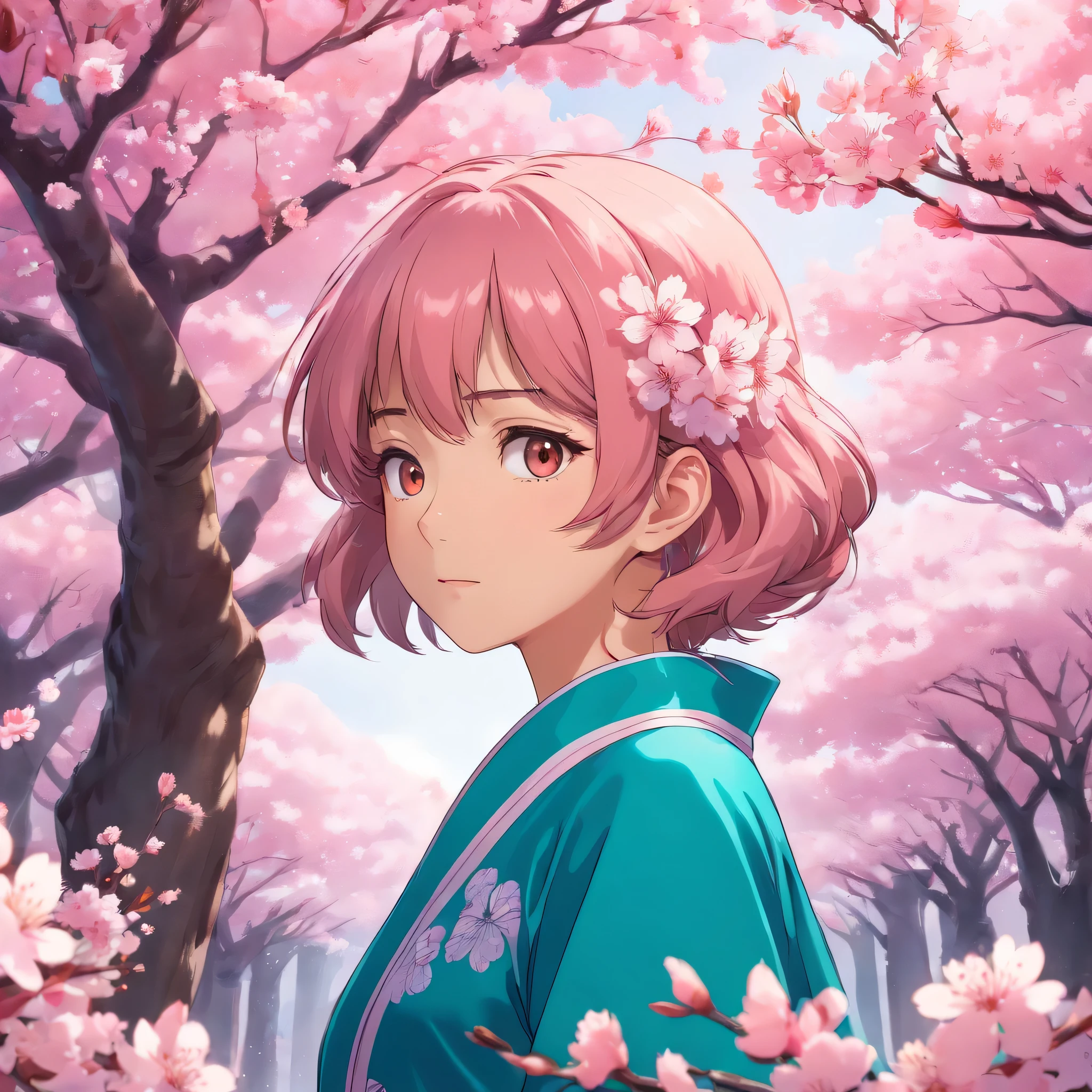 a cherry blossom tree, a woman standing beneath the blossoms, beautiful detailed face, delicate facial features, long eyelashes, intricate details, futuristic android cyborg, dynamic lighting, dramatic chiaroscuro lighting, ultrarealistic, 8k, high quality, photorealistic, intricate details, vibrant colors, cinematic composition, seamless blending