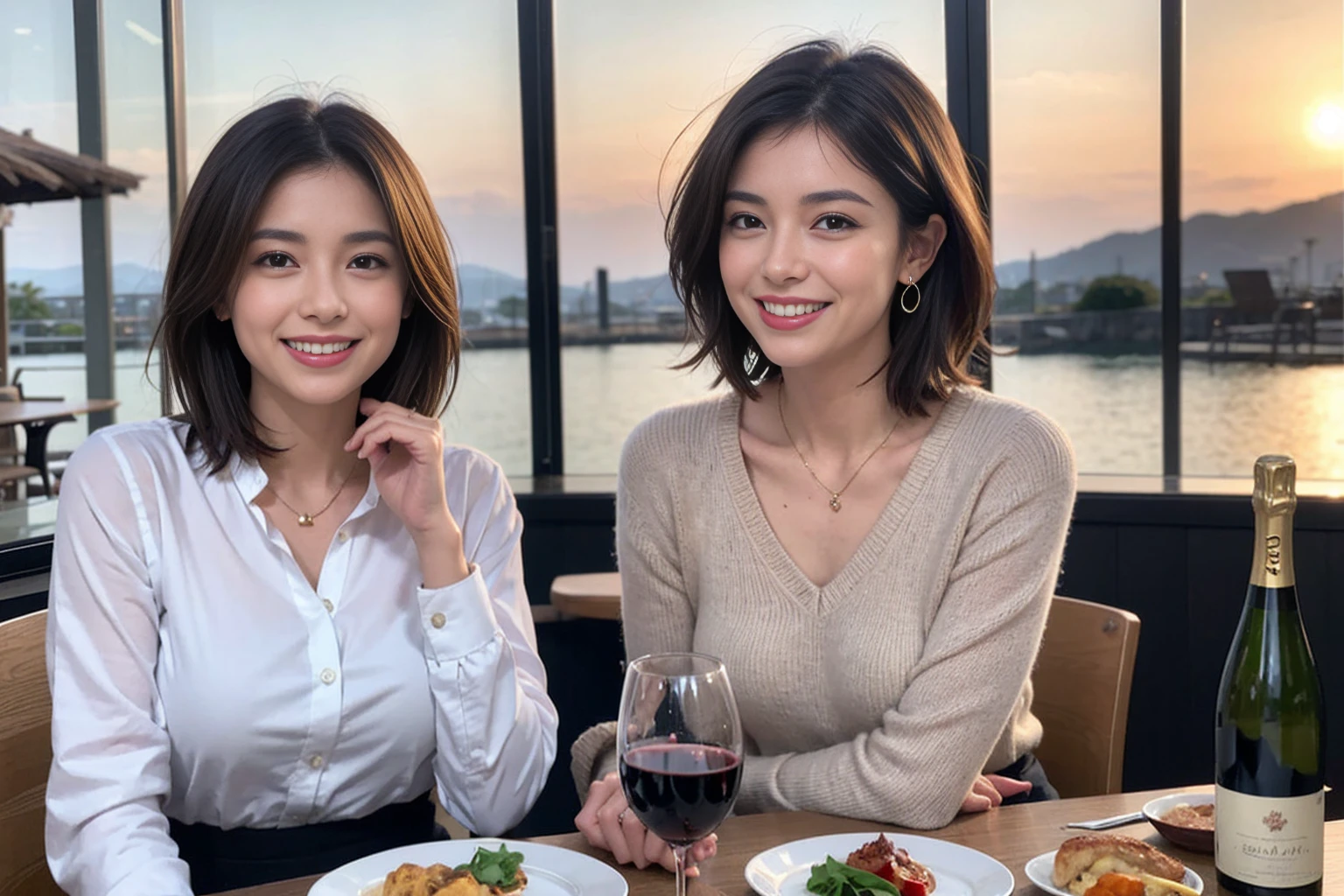 （Realistic:1.1）,(masterpiece,Highest quality)，8k,(49 years old), 50 years old, slimカップル、Tight waist,Upper Body,full-course dinner、wine 、Amazing view of the sunset sky and clouds、Perfect Anatomy, Brown Hair, short hair,Random Hairstyles,((Highly detailed face and eyes:1.2))，Perfect golden ratio face，Long sleeve shirt、dress,(smile:1.2)、Shortcuts、cute、(Realistic, Intricate details:1.2), A bright smile、short hair,Bright Face、赤wine 、Appetizers、Italian food、wine bottle、Champagne、スパークリングwine、(slimな顔), (The body is slim), (Brown Hair), (Shortcuts),  Upper Body, 白wine, slim, wineグラス, 
