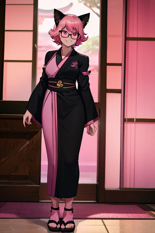 female, pink short hair, red eyes, black cat ears, pink cat tail, (((1girl))), (((pink and black kimono))), (black Japanese sandals), (pink tinted glasses), cute and sexy, full body, modest breasts, long legs, smiling