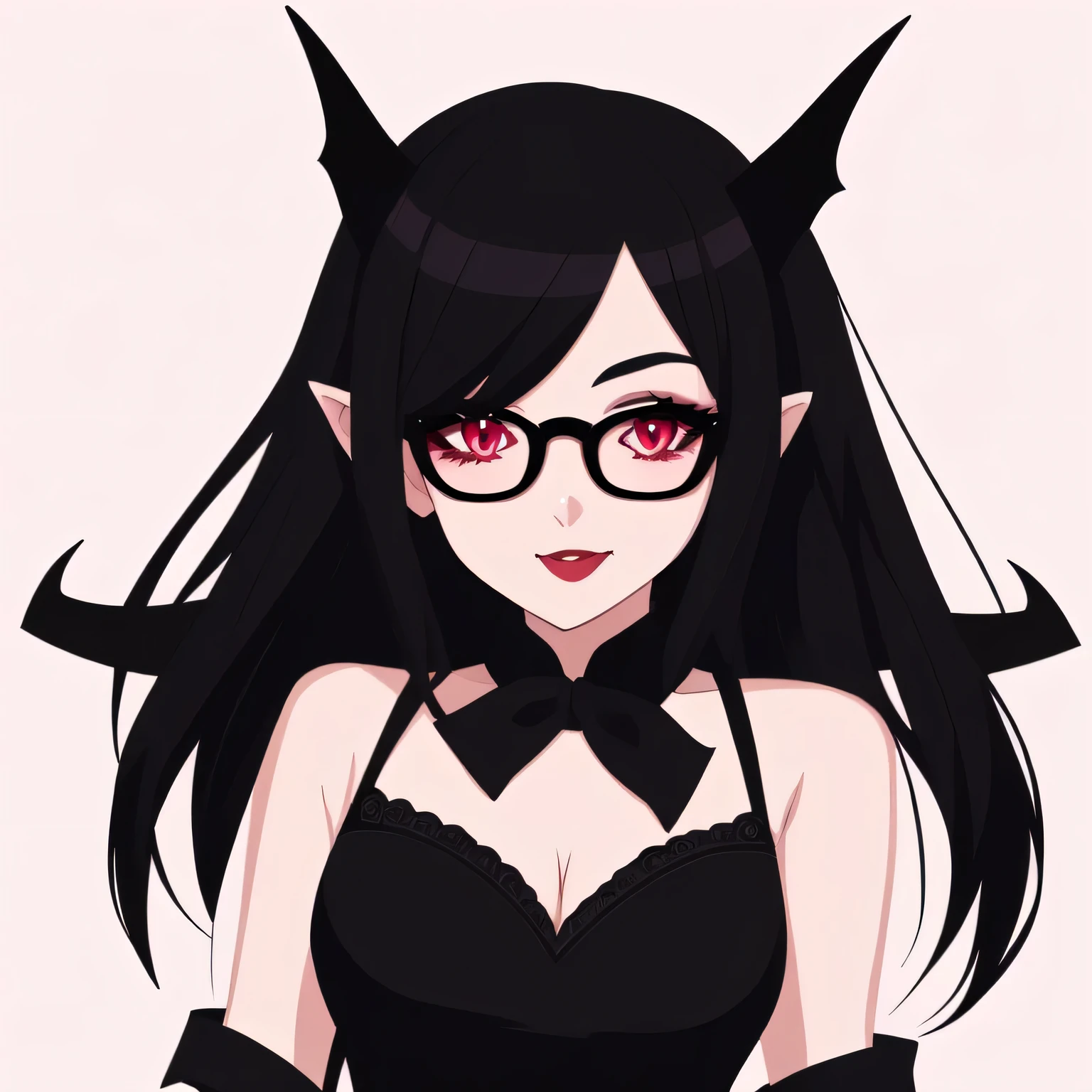 One wears glasses、Cartoon picture of lady in black dress, Portrait of a succubus wearing a sundress, portrait of Devil Girl, Website Avatar, Digital illustration style, Symmetrical Portrait RPG Avatar, Cartoon art style, cartoon style illustration, My character portrait, Vampire Girl, Devil Girl, Beauvot Art Style, Cartoon art style