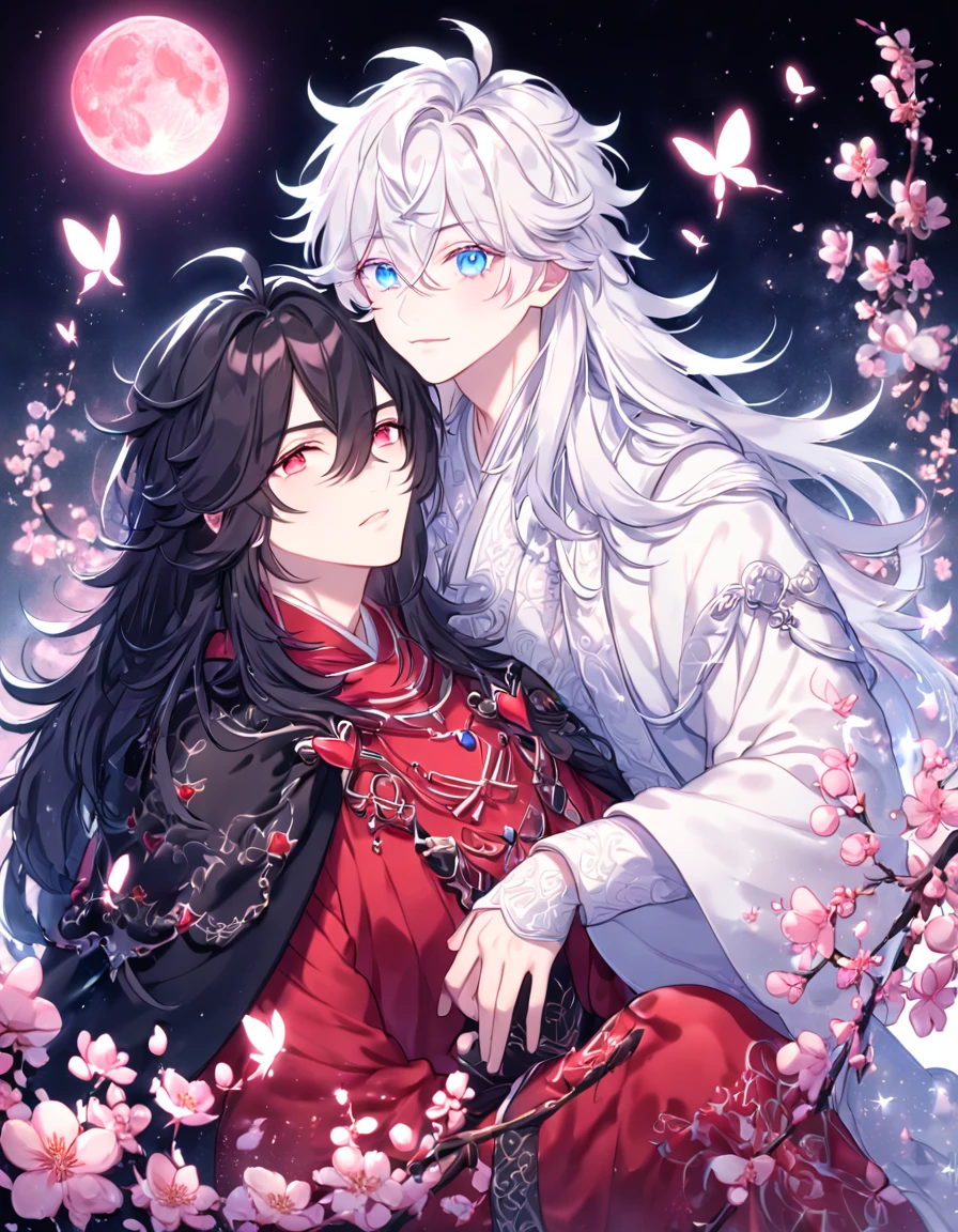 absurdres, highres, ultra detailed, HDR, master piece, best quality, extremely detailed face, delicated features, Xue Yu, untamed spiky hair, black hair, long hair, hair between the eyes, expressive red eyes, Thousand Years War, Gojou Satoru, white hair, messy hair, expressive blue eyes, two sexy men together, gay couple, yaoi, handsome, black cape, red robes, white robes, accessories, patterns, fantasy, magical, radiant, pink butterflies, pink flowers, night sky, shinning pink moon, blossoms