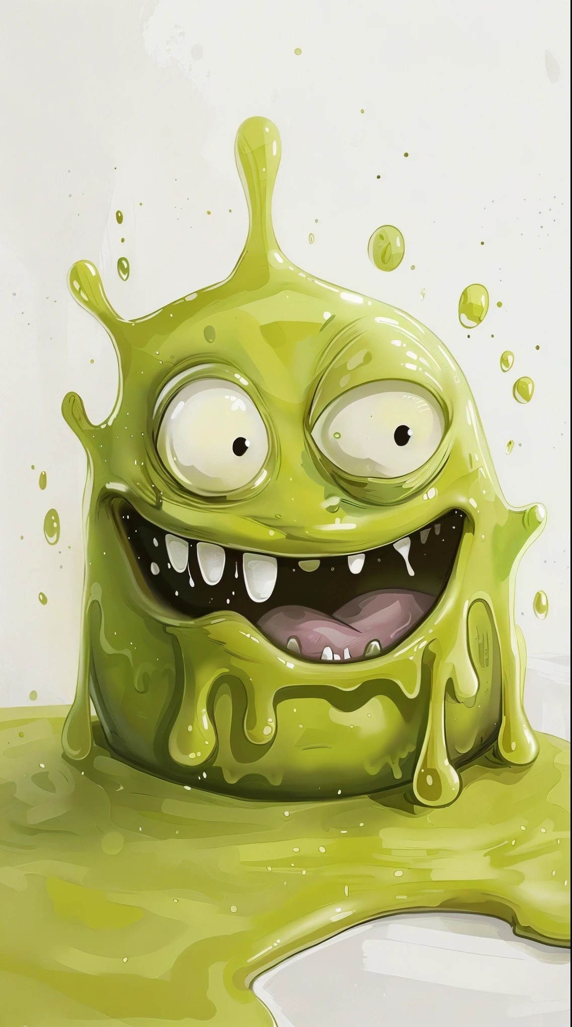 A cartoon illustration of a green monster with a big smile, Mucus monster, Slobber, monster Slimy, green Mucus everywhere, green Mucus, Character covered in liquid, toxic Mucus, green Mucus dripping, Mucuss, 外星Mucus, Slimy, Mucusy, Sticky skin, Mucusr, 溅出的Mucus, Slimy fluid liquid, Mucus