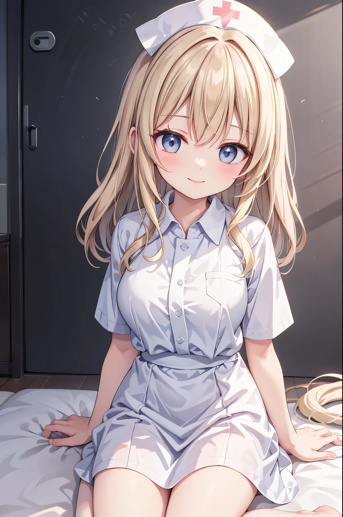 high resolution,smile,woman,woman1人,adult,cute, Medium Hair,wavy hair, Blonde Hair,Light blue eyes, White nurse uniform,whole body, BREAK Background white,
