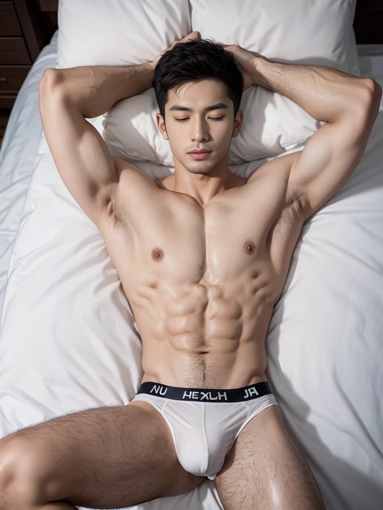 Arafed man in a briefs, handsome man, handsome guy, handsome arafed man, Full Body Shoot, male underwear, briefs, portrait, detailed facial parts, Manly, Charmer, Active Boy, sleeping, sleeping on bed, lie down, legs opened, harness, eyes closed, mouth opened, perfect anatomy, symmetric body, asian boy 25-year-old, shirtless :: high detail, asian, a little six packs attractive body, realistic, human skin, handsome chad chin, shirtless, handsome, lean muscle, attractive, slim, masculine, sexually attractive, human skin, (eyes contact), Handsome, Attractive, bulge in briefs, The crotch is raised, bright tone, realistic