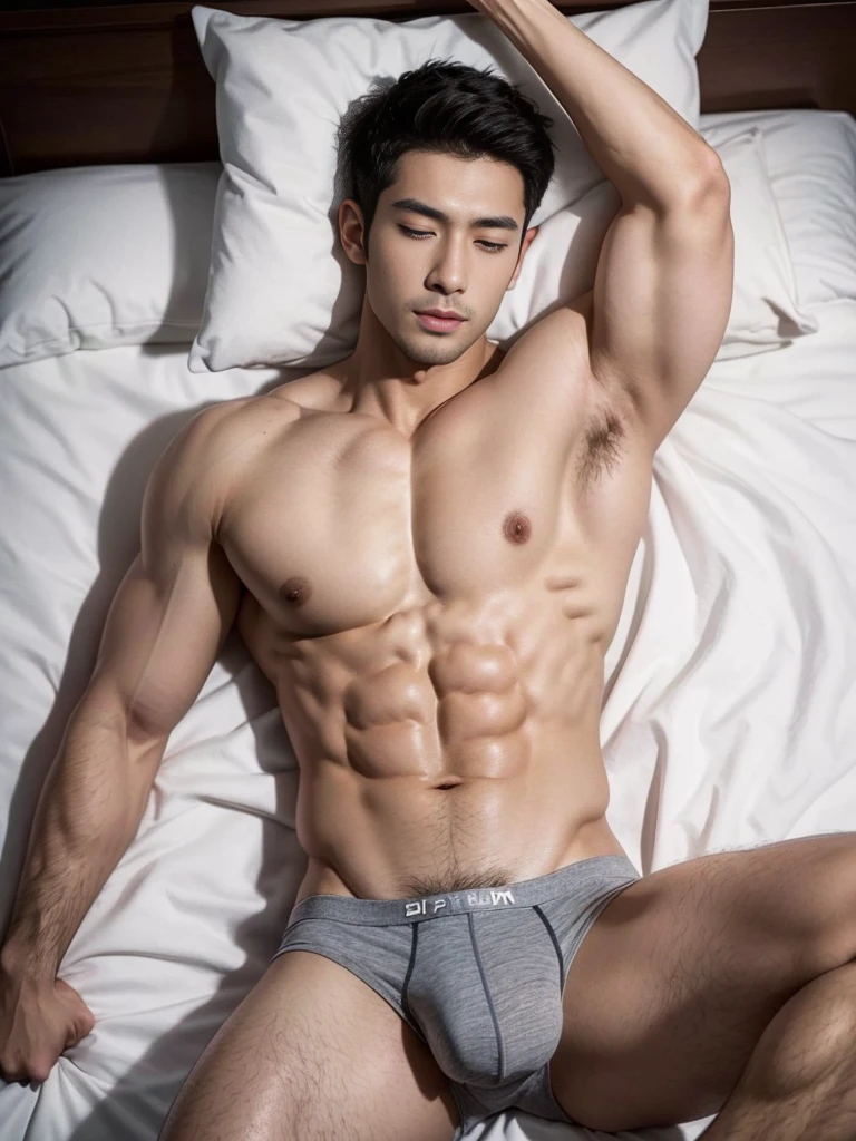 Arafed man in a briefs, handsome man, handsome guy, handsome arafed man, Full Body Shoot, male underwear, briefs, portrait, detailed facial parts, Manly, Charmer, Active Boy, sleeping, sleeping on bed, lie down, legs opened, harness, eyes closed, mouth opened, perfect anatomy, symmetric body, asian boy 25-year-old, shirtless :: high detail, asian, a little six packs attractive body, realistic, human skin, handsome chad chin, shirtless, handsome, lean muscle, attractive, slim, masculine, sexually attractive, human skin, (eyes contact), Handsome, Attractive, bulge in briefs, The crotch is raised, bright tone, realistic