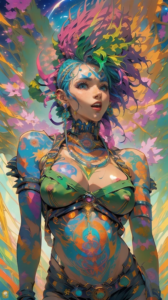 
(NSFW:1.4), (masterpiece, top quality, best quality, official art, beautiful, cosmic, atmospheric, psychedelic, dreamlike and aesthetic:1.2), (1girl, green punk rock mohawk hair, tons of tattoos and piercings, super huge enormously gigantic tits), extreme detailed,(fractal art:1.3),colorful,highest detailed, cherry blossoms and butterflies blowing in the wind
