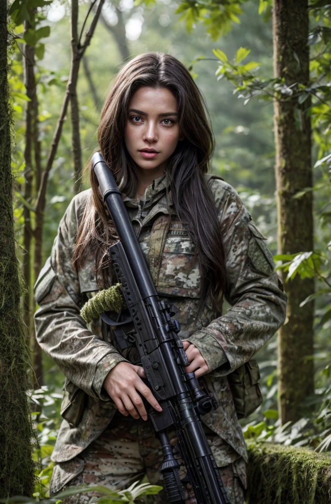 4K image of female sniper hiding in leaves., Wear a ghillie suit., Wear a sniper style camouflage uniform. ,Dark color, Masterpiece, Soft lighting and atmosphere, (god rays)