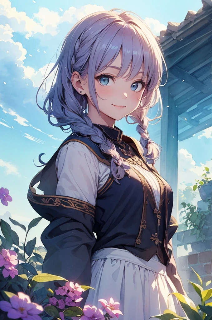 (masterpiece、Highest quality、Highest quality、Beautiful and beautiful:1.2)、(Watercolor 1.5)、Low - Angle、Tilt Up、Wide blue sky、Drawing of a girl with braided hair、Round beautiful eyes、Beautiful smile、A starting to walk、pure、Charm、Fantasy、purple、dark blue、Sky blue、Bright colors、Botanical Art、Warm Light