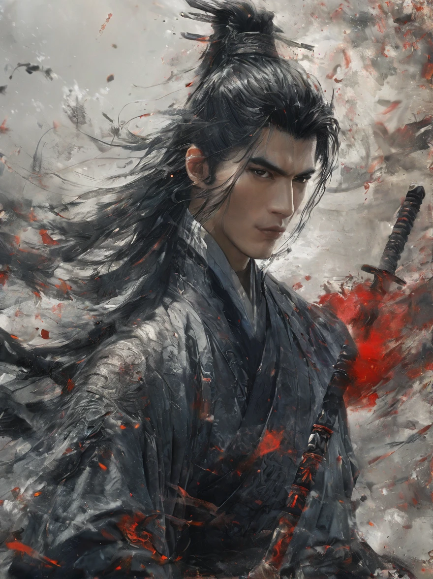 Anamo, 1 boy, Male focus, solitary, Stubble,, Masculinity, Black Hair, Blood, warrior, armor, Looking at the audience, Upper Body, Vicissitudes,Chinese Warrior,Fantasy,Xian Xia,Handsome man