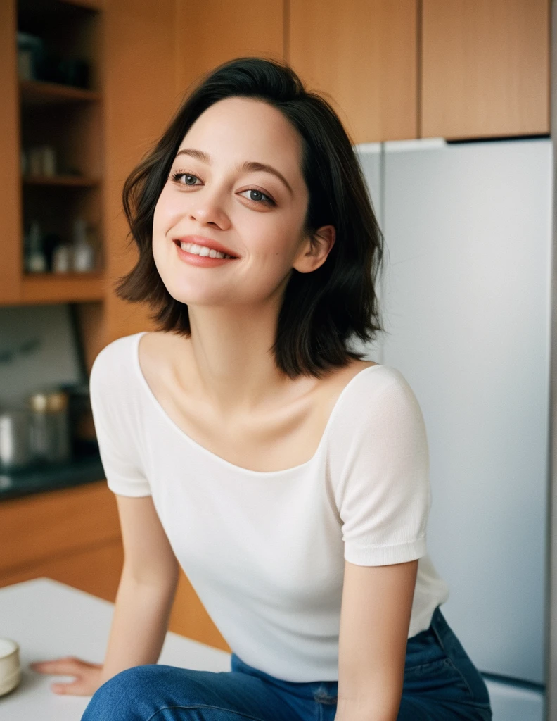 Ultra-Realistic photo of a gorgeous young cute asian girl, very beautiful long slender slimming face Japanese girls, eyes winged, smiling, still from the film, (solo), (((Marion Cotillard look like face: 1.37))), (masterpiece:1.0), (highest quality:1.12), (HDR:1.0), hyperrealistic portrait of a fierce young woman 30yo woman wearing white shirt and yoga pants with white textures long black dark hair slick back and smooth. making a kiss face smile. Looking at camera. POV. Dancing, moving, happy. Kitchen. Fully furnished. Night time., Leica SL3, Summicron-SL 75 f/2 ASPH, kodak gold 200 film, hands up, dynamic action pose,