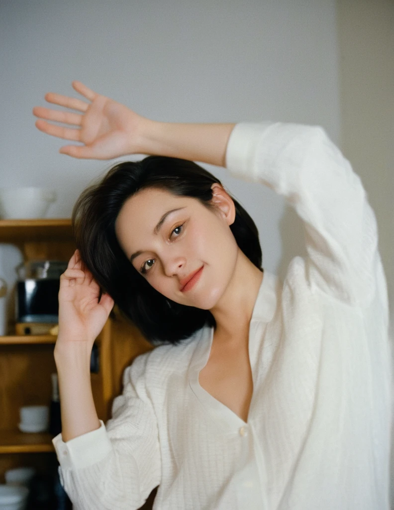 Ultra-Realistic photo of a gorgeous young cute asian girl, very beautiful long slender slimming face Japanese girls, eyes winged, smiling, still from the film, (solo), (((Marion Cotillard look like face: 1.37))), (masterpiece:1.0), (highest quality:1.12), (HDR:1.0), hyperrealistic portrait of a fierce young woman 30yo woman wearing white shirt and yoga pants with white textures long black dark hair slick back and smooth. making a kiss face smile. Looking at camera. POV. Dancing, moving, happy. Kitchen. Fully furnished. Night time., Leica SL3, Summicron-SL 75 f/2 ASPH, kodak gold 200 film, hands up, dynamic action pose,