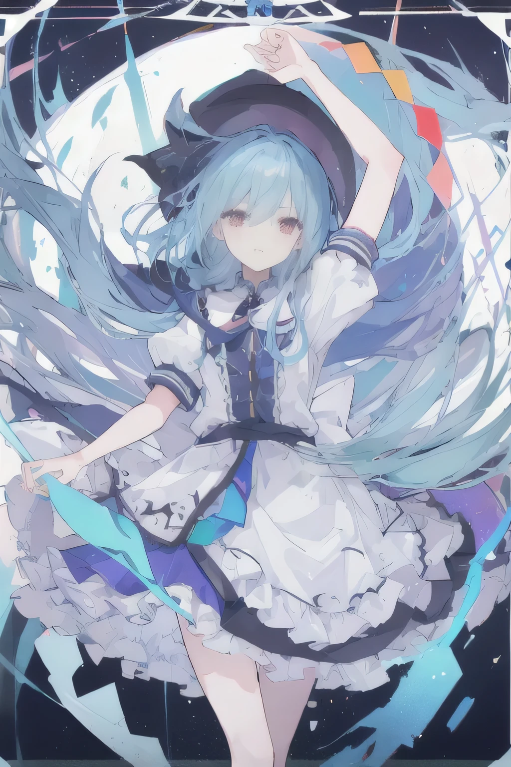 1mature girl, light blue hair, sharp black eyes, wears white dress, make it like tarot anime-style but no frame
