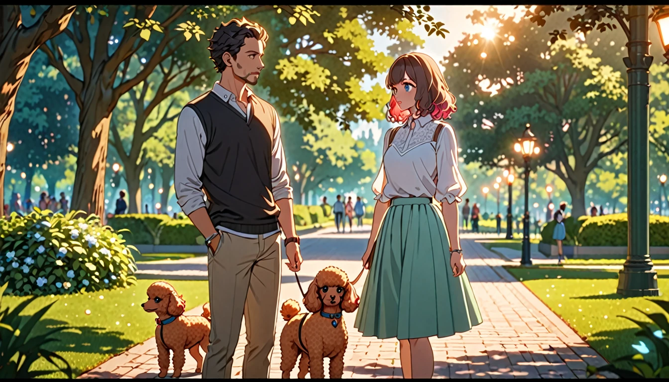 a man and girl standing and conversing,two toy poodles at their feet,in a park, a girl with white blouse and light blue skirt, a man in casual clothes, detailed facial features, beautiful detailed eyes, beautiful detailed lips, extremely detailed face, longeyelashes, highly detailed,animetic,8k,cinematic lighting,vibrant colors,warm tones,elegant poses,thoughtful expressions,natural setting,lush greenery,detailed textures,intricate details,masterpiece