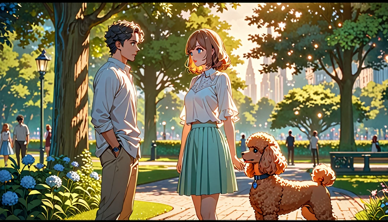 a man and girl standing and conversing,two toy poodles at their feet,in a park, a girl with white blouse and light blue skirt, a man in casual clothes, detailed facial features, beautiful detailed eyes, beautiful detailed lips, extremely detailed face, longeyelashes, highly detailed,animetic,8k,cinematic lighting,vibrant colors,warm tones,elegant poses,thoughtful expressions,natural setting,lush greenery,detailed textures,intricate details,masterpiece