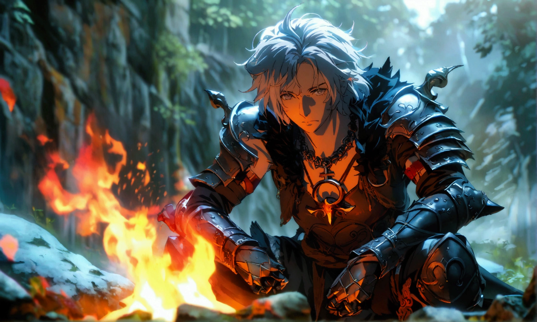 Man, gray skin, long gray hair in an exkrillex style, gray eyes, dark souls style armor, sun symbol necklace, resting by a campfire, "Anime character design inspired by One Piece, full of dramatic and impressive lighting, focus on the centralized character, impressive face, full of creative details, ultra-fine 4K design, scenery bathed in creativity, boasting 2D anime resolution clarity, HD anime graphics, high-octane rendering"