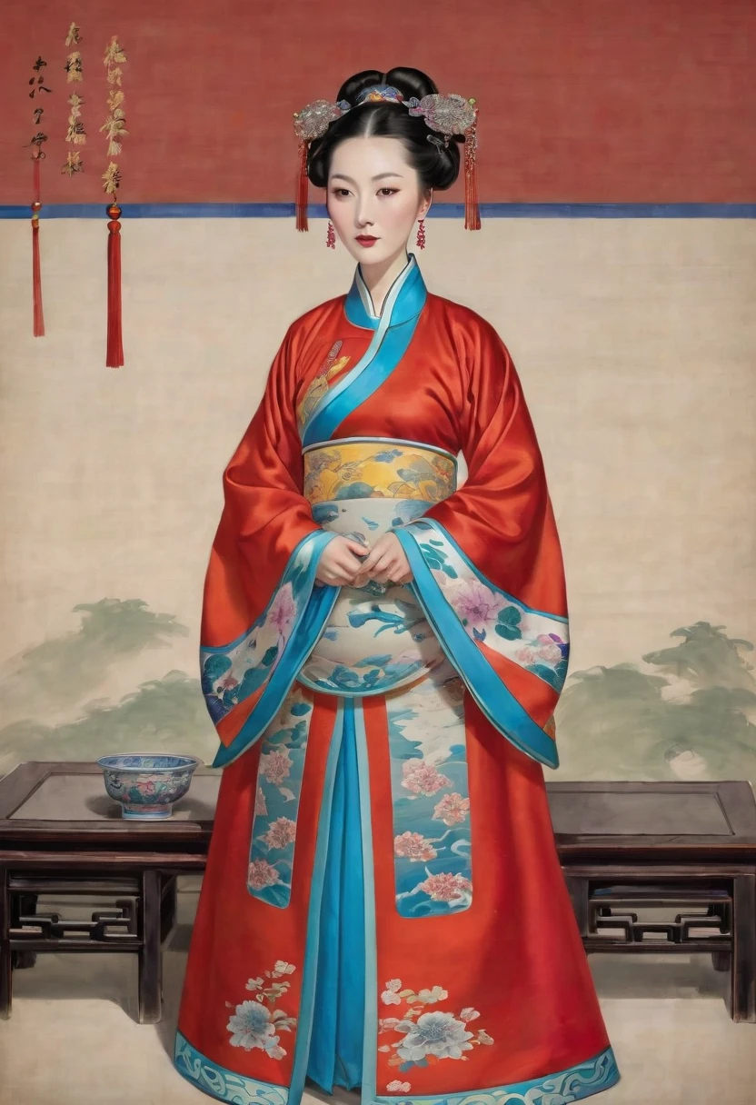 A woman seen from the front, standing facing forward, wearing a red Manchu dress with a floral pattern and no crown, in a Qing Dynasty imperial court in China.。She is wearing no underwear, and her large breasts are exposed, right down to her bare stomach. Her hair is tied up and pulled up, and the background is the stone pavement of the Chinese palace of the Qing Dynasty.
