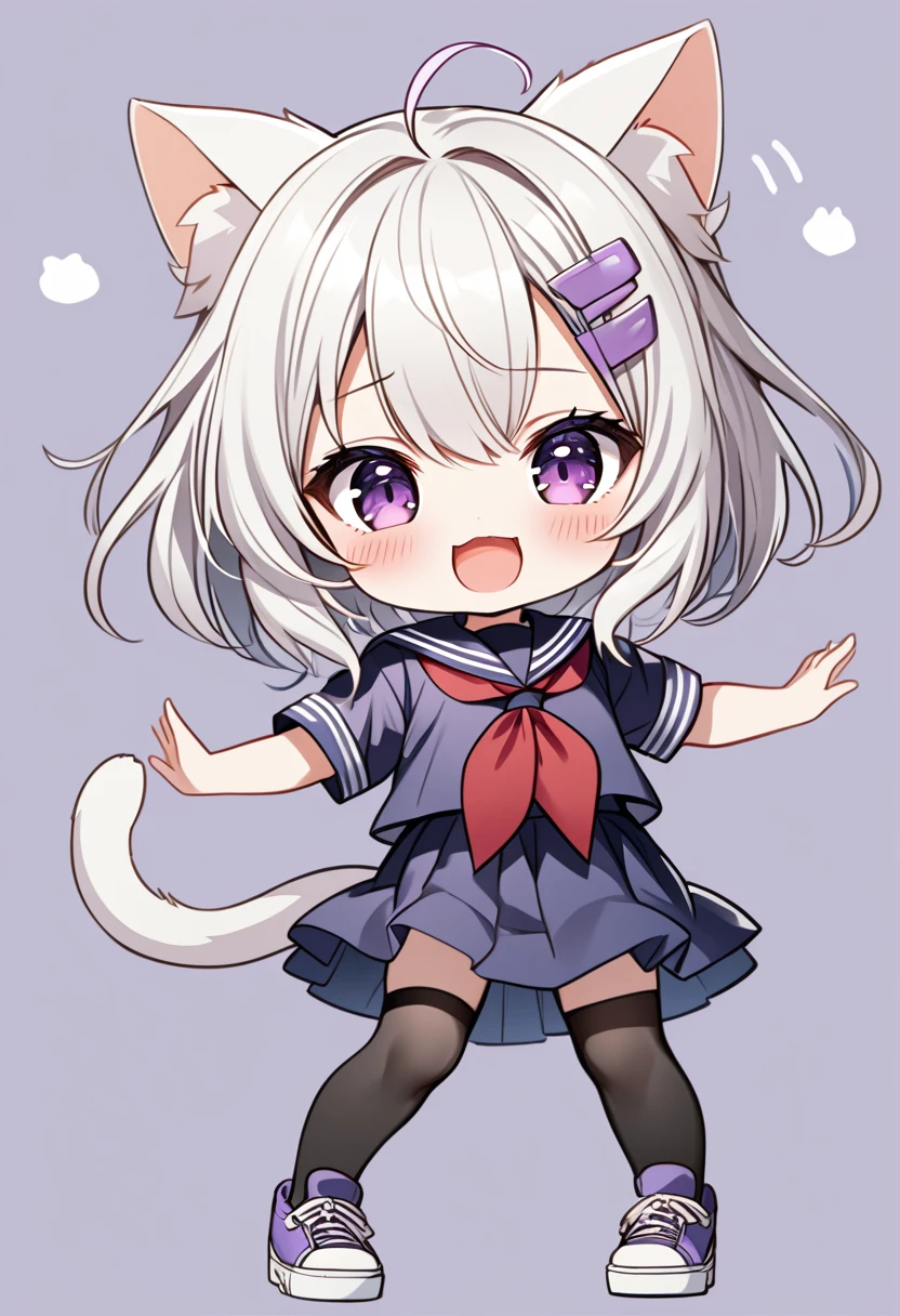 master piece, best quality, ultra-detailed, illustration, 1girl, solo, chibi, (big head), cute pose, flying pose, front view, looking at viewer. Filiansailor, (purple hairclip:2), hair bell, white hair, short hair, cat ears, ahoge, purple eyes, blush, laughing, fluffy tail, serafuku, black turtleneck, short sleeve, red neckerchief, blue skirt, black stockings, sneaker shoes, ((simple background)), 