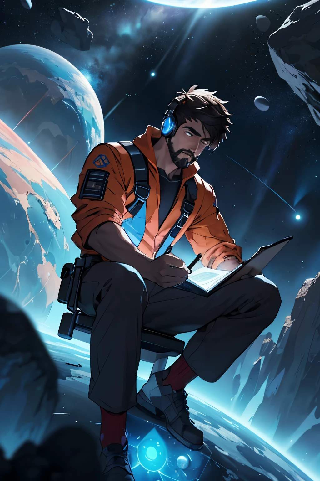 Draw a young streaming, sitting on a research platform floating in the middle of an asteroid belt. He is studying gamer controller, headset, surrounded by several asteroids glowing with fiery auras. Dramatic lighting from distant stars and planets illuminates the scene, casting deep shadows on the costume. Young man looks confident and determined and playing something on his gaming notebook, looking at the vast and mysterious universe with awe and respect, facial hair