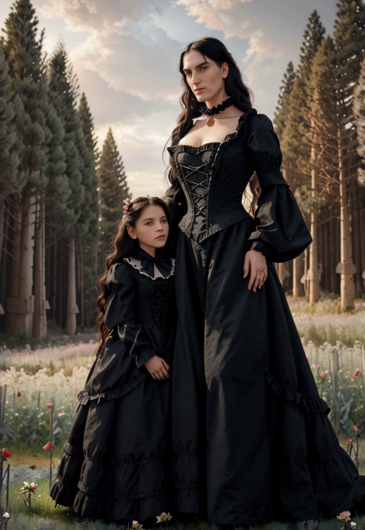 Gothic couple with their little daughter, (one men, a woman and a child) There are 3 people, with a beautiful 11 year old Mexican with wavy hair ((He in black Victorian clothes, ruffled neck collar, ruffled sleeve collar, Longhaire pretos, 1,90 metros de altura,Longhaire, straight half wavy, tall similar to Christopher Reeve and Peter Steele)),((ultrarealistic)),((hyper realist)),((the night)),((She in a Victorian dress,Longhaire e pretos, she with 1,58 m)), (( Scenario, in a flower field with roses, cloudy and some distant pine trees and trees near a lake)).