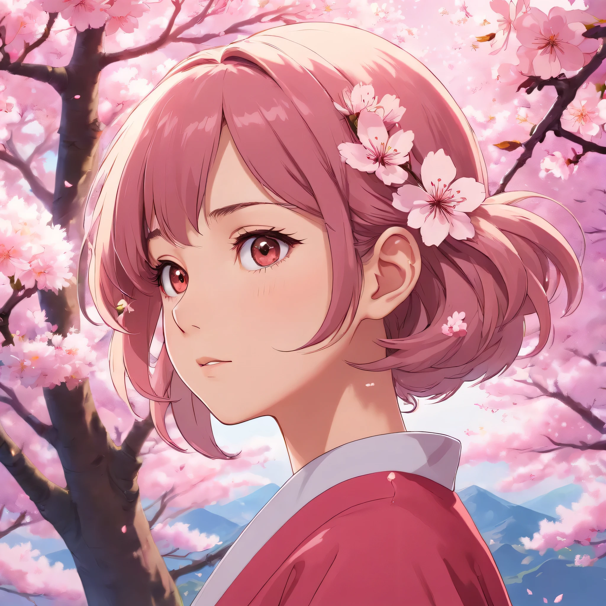 a cherry blossom tree, a woman standing beneath the blossoms, beautiful detailed face, delicate facial features, long eyelashes, intricate details, futuristic android cyborg, dynamic lighting, dramatic chiaroscuro lighting, ultrarealistic, 8k, high quality, photorealistic, intricate details, vibrant colors, cinematic composition, seamless blending