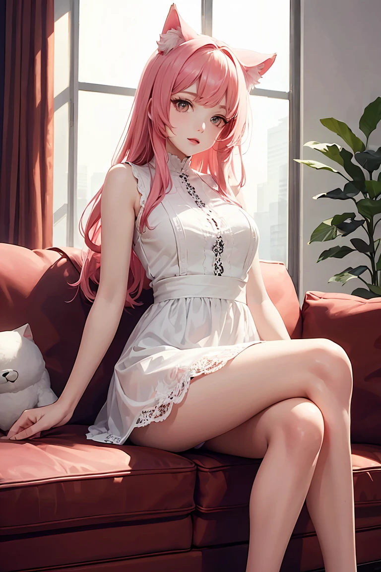 (score_9,score_8_up,score_7_up,score_6_up,score_5_up,score_4_up),(masterpiece, top quality, best quality, official art, beautiful and aesthetic:1.2), animation,, , 1girl with cat ear, perfect figure, pink hair, complex details, secondary animation style, living room, sitting on sofa, white lace dress, pink hair ,