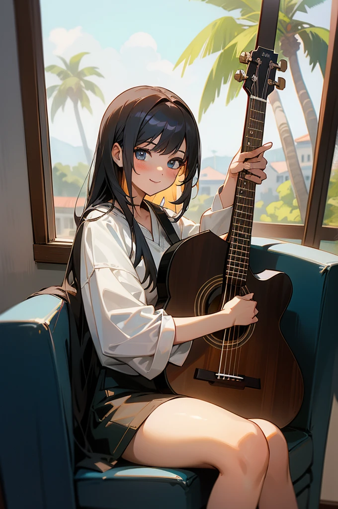 1 girl, sitting down with an acoustic guitar, background inside a house sitting behind a window that shows LA with palm trees, she is facing towards you, looking towards you, with a big smile,