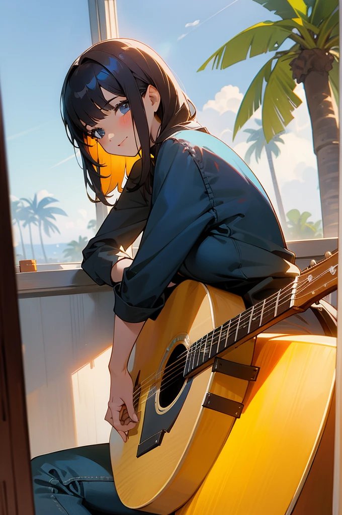 1 girl, sitting down with an acoustic guitar, background inside a house sitting behind a window that shows LA with palm trees, she is facing towards you, looking towards you, with a big smile,
