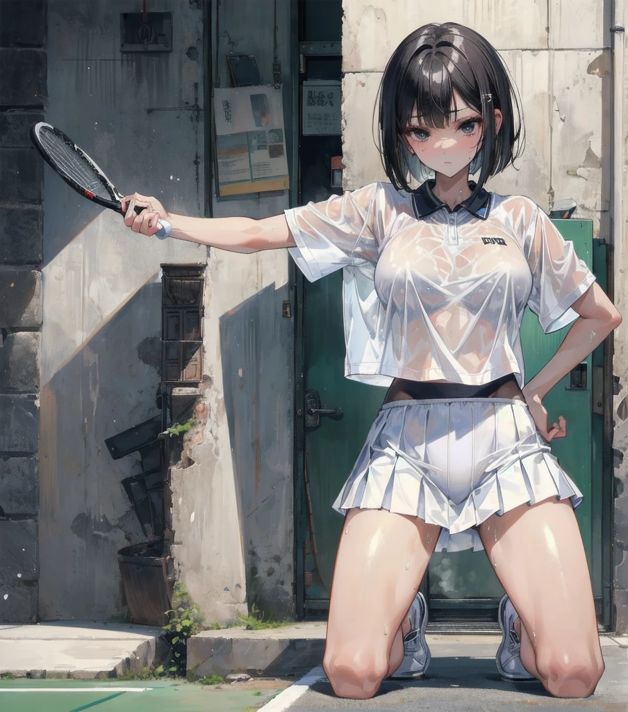 ((Masterpiece)), ((Best Quality)),Ultra High Resolution, Caustics, (Detailed, Beautiful Detailed FACE),Perfect Anatomy,nsfw,cowboy shot,solo20 year old beauty、Japanese、black hair,short bob hair,black eyes,slender body,ideal ratio body proportions,medium breasts,tan skin,gleaming skin,oily skin,shiny skin,(sweat:1.4,kneeling),painful expression、heavy breathing、steam,,(tennis wear、white polo shirt、White pleated mini skirt、perfect white panties,Clothes that are see-through with sweat),outdoors、Tennis court、
