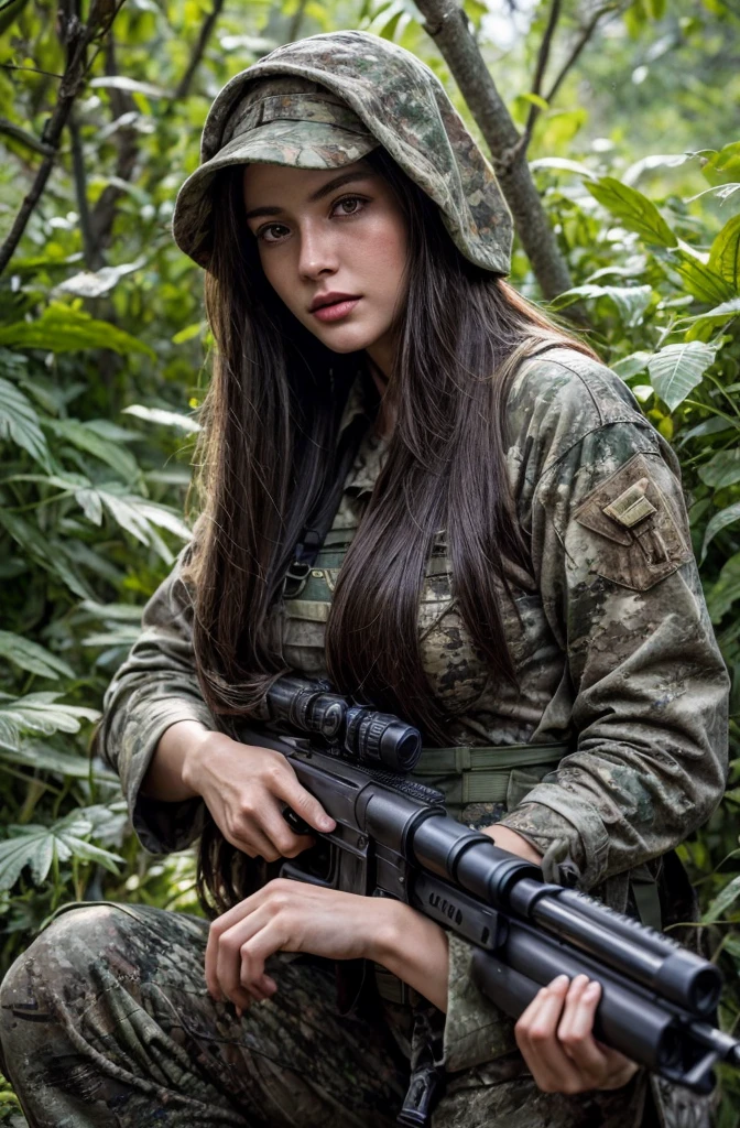4K image of female sniper hiding in leaves., Wear a ghillie suit., Wear a sniper style camouflage uniform. ,Dark color, Masterpiece, Soft lighting and atmosphere, (god rays)