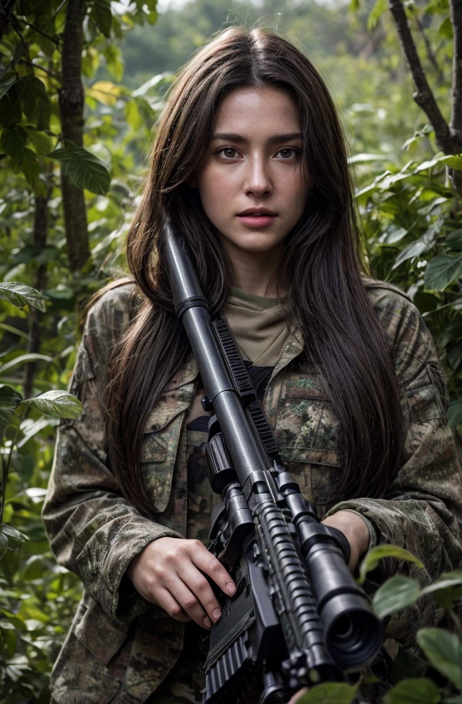 4K image of female sniper hiding in leaves., Wear a ghillie suit., Wear a sniper style camouflage uniform. ,Dark color, Masterpiece, Soft lighting and atmosphere, (god rays)