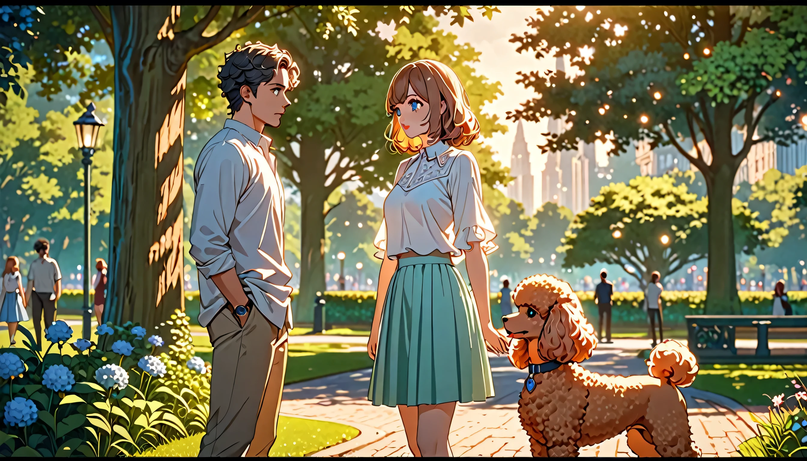a man and girl standing and conversing,two toy poodles at their feet,in a park, a girl with white blouse and light blue skirt, a man in casual clothes, detailed facial features, beautiful detailed eyes, beautiful detailed lips, extremely detailed face, longeyelashes, highly detailed,animetic,8k,cinematic lighting,vibrant colors,warm tones,elegant poses,thoughtful expressions,natural setting,lush greenery,detailed textures,intricate details,masterpiece