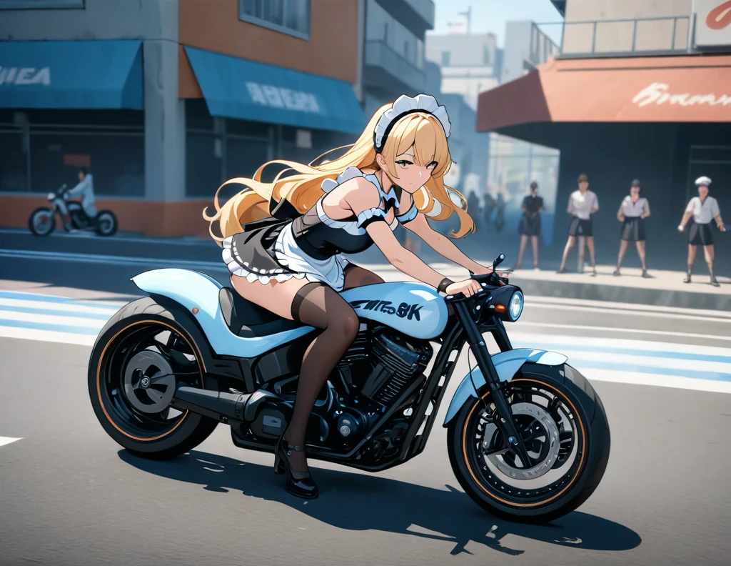 (((Best quality, 8k, Masterpiece: 1.3)), ((best quality)), ((masterpiece)), (detailed), perfect face, A maid girl with long blonde hair, Her thick hair flows, A maid costume with frills. , high resolution, Textured skin, anime style, A maid riding a motorcycle, a maid driving a motorcycle, A motorcycle racer leaning her body to take a corner, Knee-high stockings