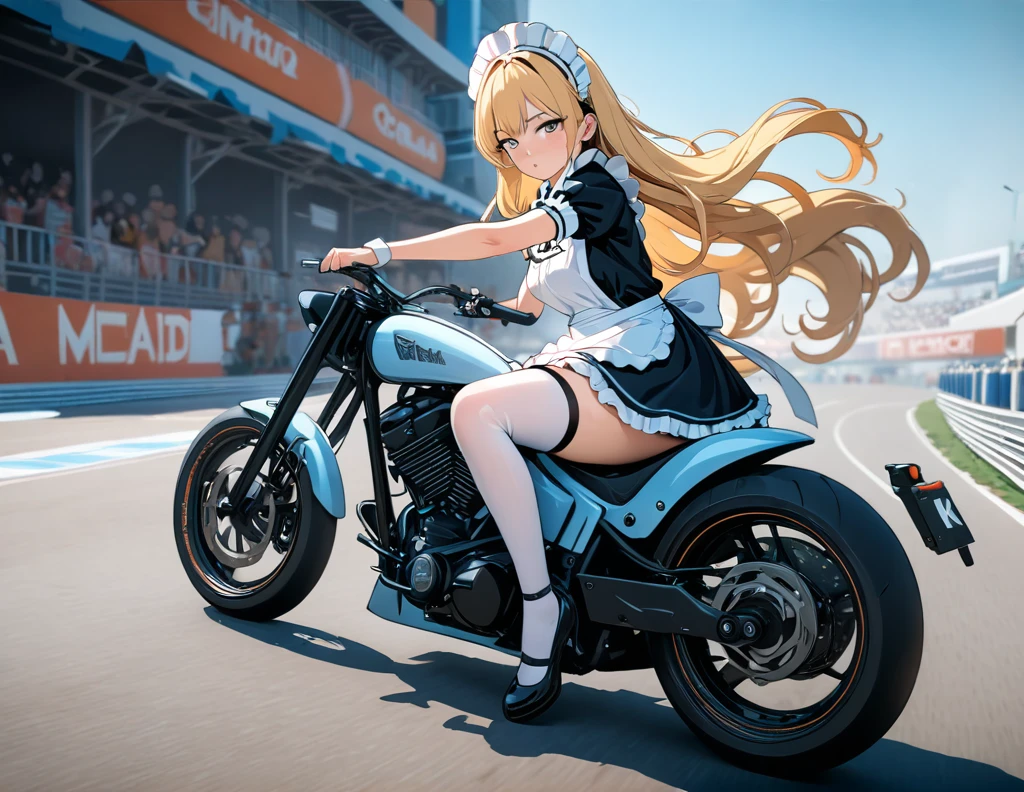 (((Best quality, 8k, Masterpiece: 1.3)), ((best quality)), ((masterpiece)), (detailed), perfect face, A maid girl with long blonde hair, Her thick hair flows, A maid costume with frills. , high resolution, Textured skin, anime style, A maid riding a motorcycle, a maid driving a motorcycle, A motorcycle racer leaning her body to take a corner, Knee-high stockings