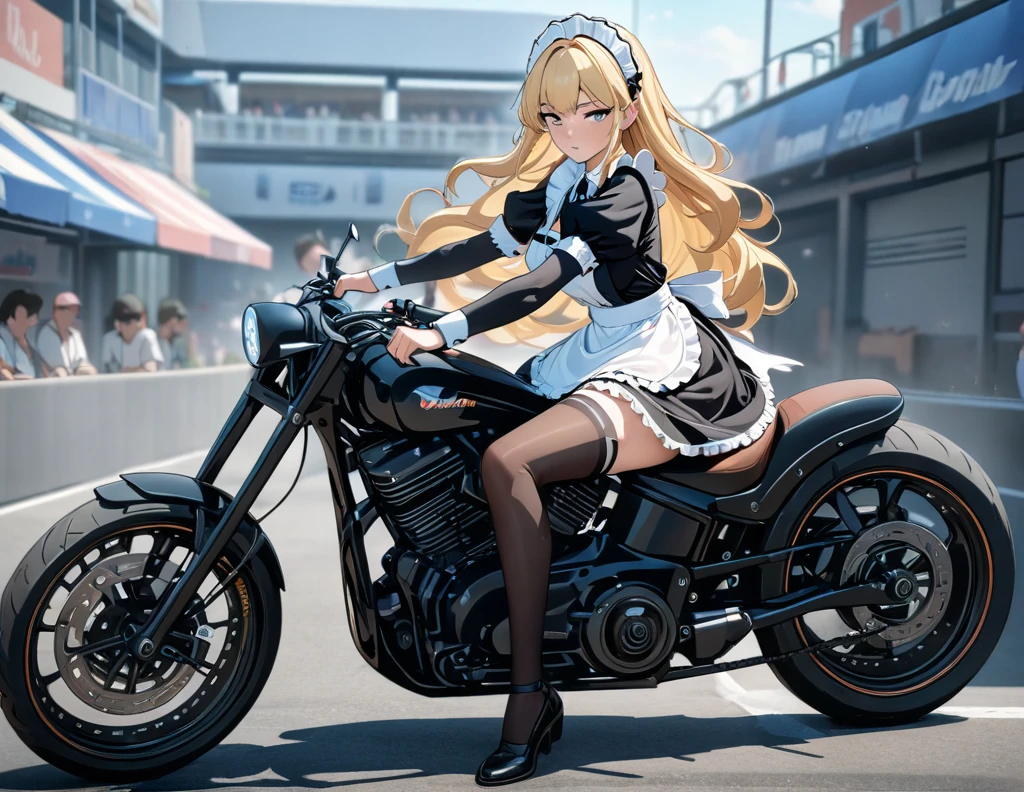 (((Best quality, 8k, Masterpiece: 1.3)), ((best quality)), ((masterpiece)), (detailed), perfect face, A maid girl with long blonde hair, Her thick hair flows, A maid costume with frills. , high resolution, Textured skin, anime style, A maid riding a motorcycle, a maid driving a motorcycle, A motorcycle racer leaning her body to take a corner, Knee-high stockings