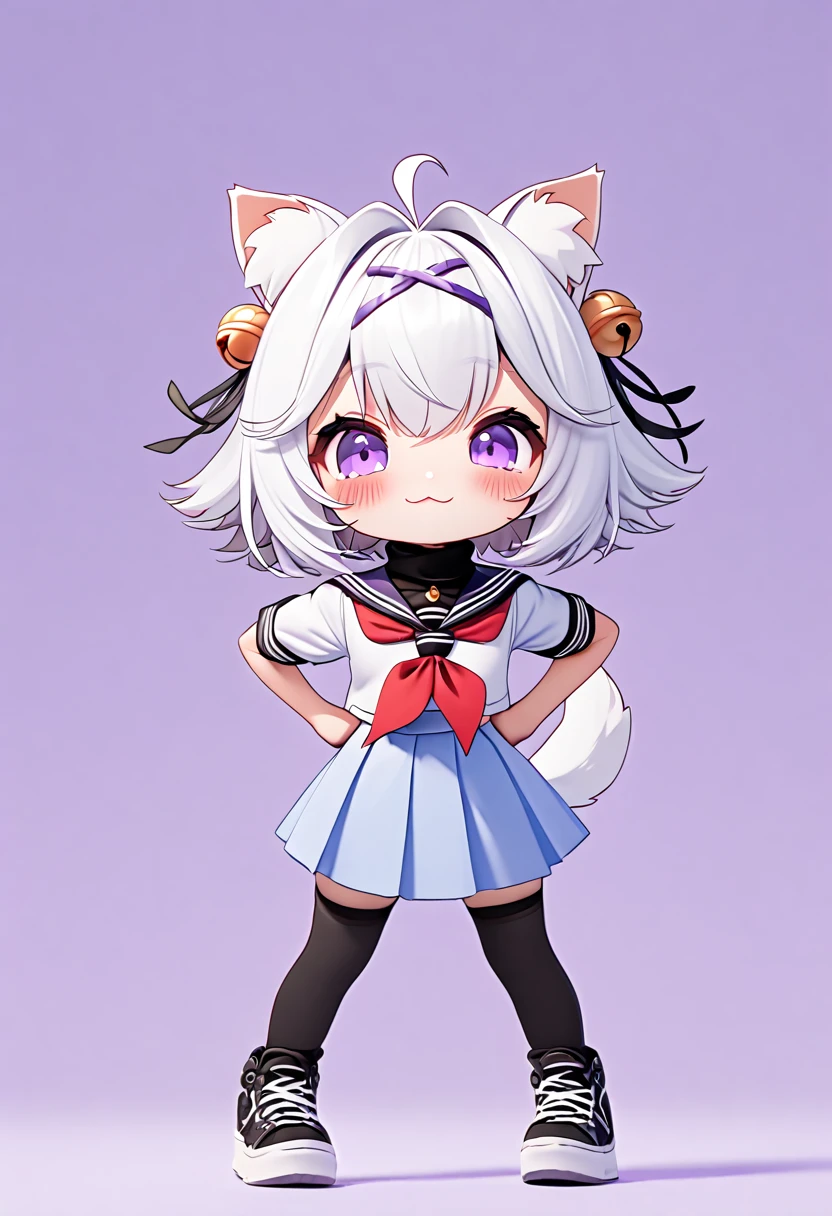 master piece, best quality, ultra-detailed, illustration, 1girl, solo, chibi, (big head), cute pose, flying pose, front view, looking at viewer. Filiansailor, ((purple hairclip)), hair bell, white hair, short hair, cat ears, ahoge, purple eyes, blush, laughing, fluffy tail, serafuku, black turtleneck, short sleeve, red neckerchief, blue skirt, black stockings, sneaker shoes, ((simple background)),