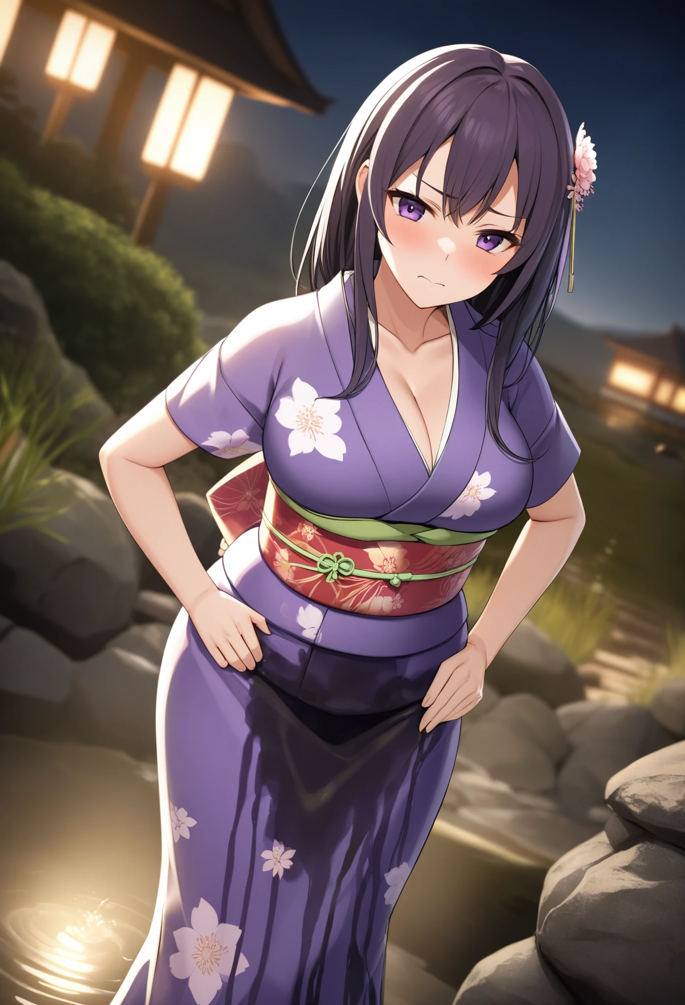 woman, very dark purple hair, purple eyes, long hair, large breasts, skinny, mature figure, furisode, (kimono:1.5), standing, (wetting herself:1.5), best quality, ultra-detailed, HDR, studio lighting, professional, vivid colors, sharp focus, bokeh, landscape, hot springs, soft lighting, dynamic shadows, embarrassed, humiliation, blushing, angry, facing viewer, (hands on hips:1.5)