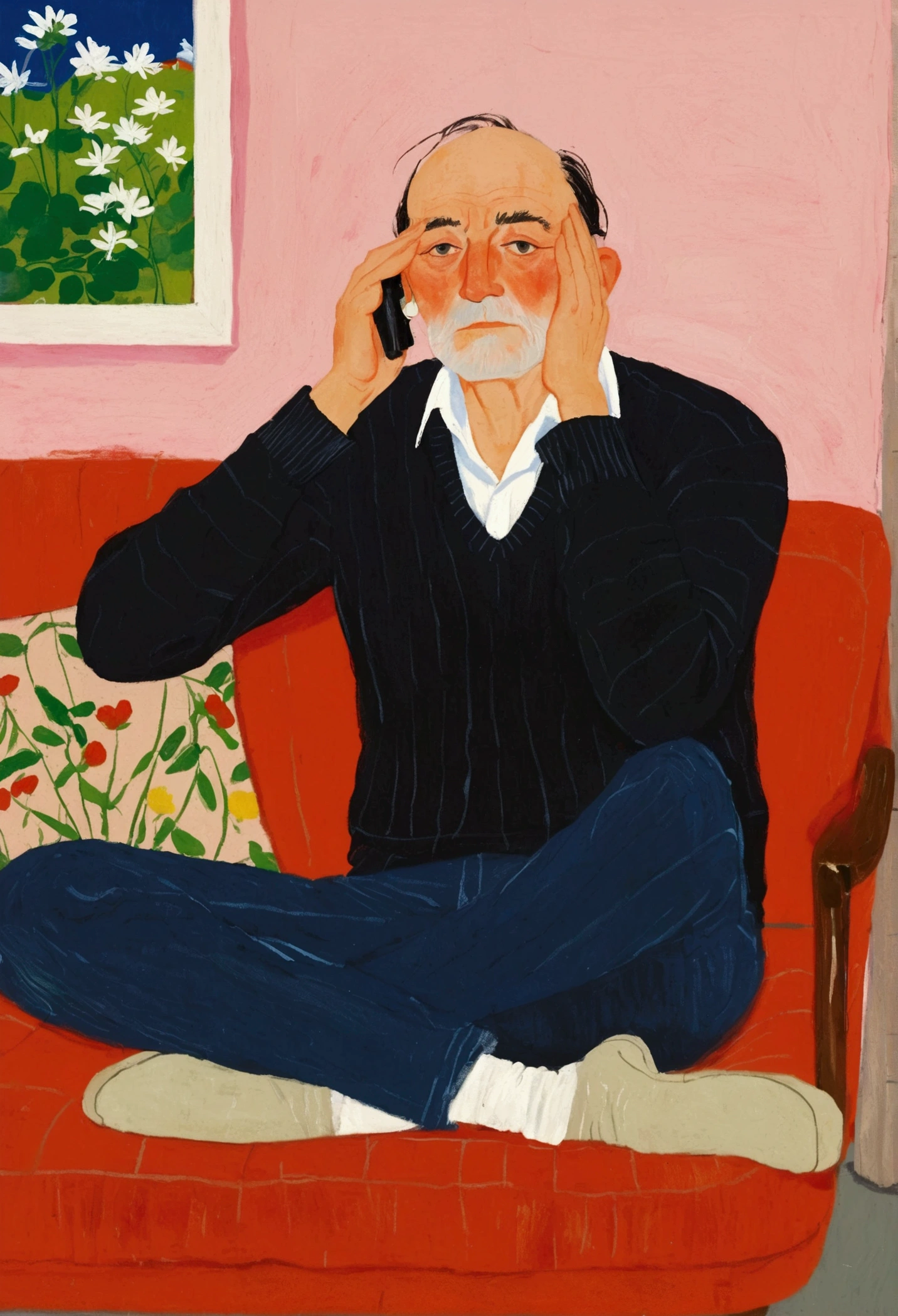 A man&#39;s sitting on a couch with his head in his hands, author：Alex Katz, inspired author：Alex Katz, Inspired by Chantal Joffe, A man&#39;s, author：Lois Dodd, inspired author：Lois Dodd, A man&#39;s画, by Kat Watcher, inspired by Noémi Ferenczy, Inspired by Euan Uglow, illustration