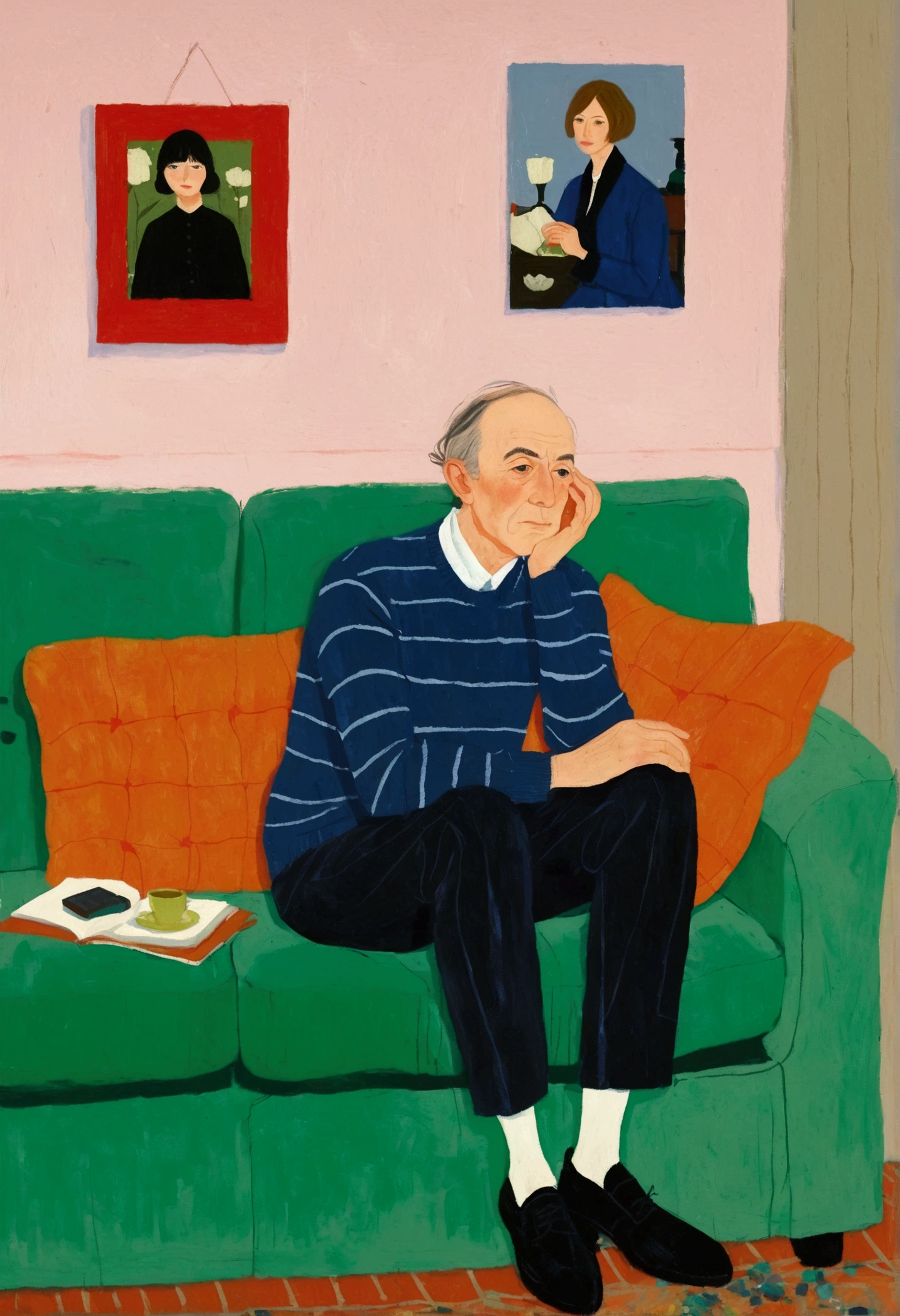 A man's sitting on a couch with his head in his hands, author:Alex Katz, inspired author:Alex Katz, Inspired by Chantal Joffe, A man's, author:Lois Dodd, inspired author:Lois Dodd, A man's画, by Kat Watcher, inspired by Noémi Ferenczy, Inspired by Euan Uglow, illustration