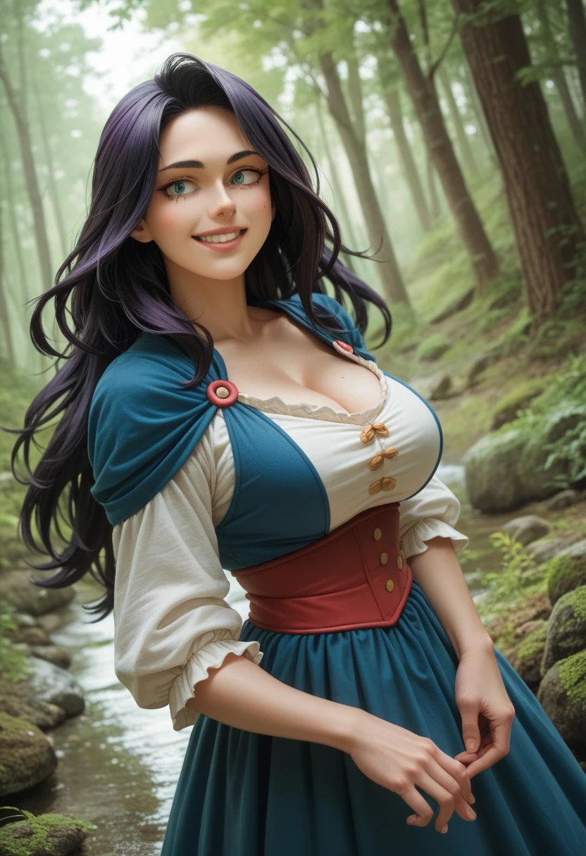 Nemuri Kayama /(My Hero Academia)/, by the wide, uneven straight hair, light blue eyes, dark purple hair, big breasts, smile,  medieval type dress, in a forest during the day, Whole body 