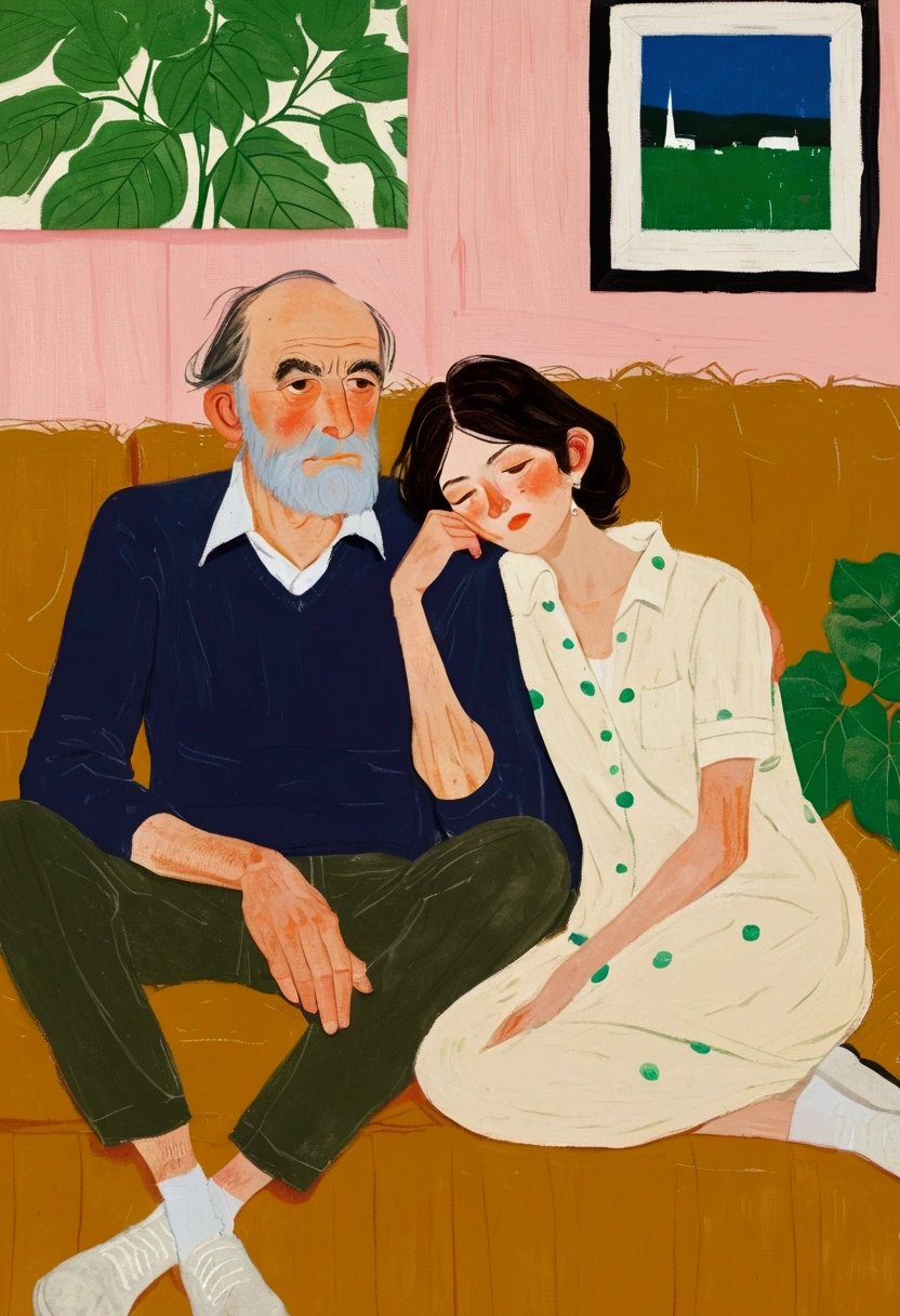 A man&#39;s sitting on a couch with his head in his hands, author：Alex Katz, inspired author：Alex Katz, Inspired by Chantal Joffe, A man&#39;s, author：Lois Dodd, inspired author：Lois Dodd, A man&#39;s画, by Kat Watcher, inspired by Noémi Ferenczy, Inspired by Euan Uglow, illustration