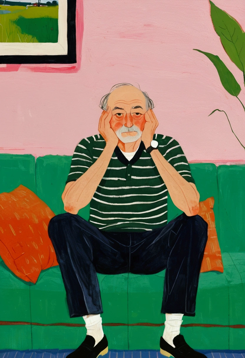A man&#39;s sitting on a couch with his head in his hands, author：Alex Katz, inspired author：Alex Katz, Inspired by Chantal Joffe, A man&#39;s, author：Lois Dodd, inspired author：Lois Dodd, A man&#39;s画, by Kat Watcher, inspired by Noémi Ferenczy, Inspired by Euan Uglow, illustration