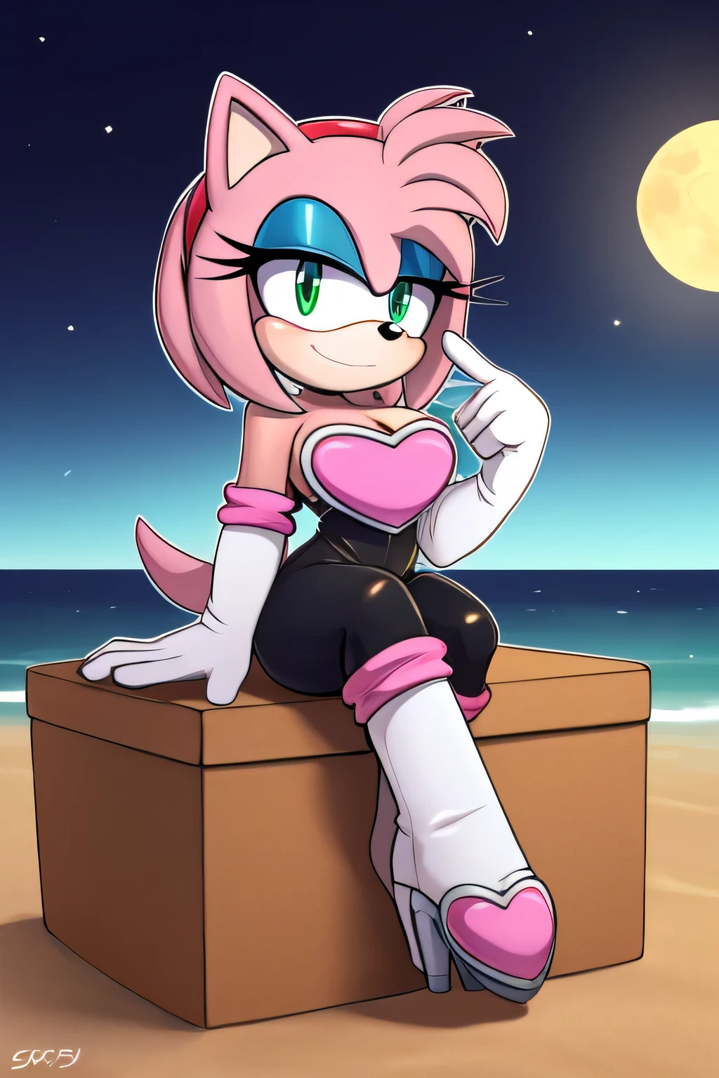 score_9, score_8_up, 2D, flat color, looking at viewer, (1girl), (solo), very detailed, extremely detailed, Amy Rose from the sonic the hedgehog series, portrait, smug expression, hair down, hair bangs, large bust, milf, Rouge cosplay, cosplay, Rouge outfit, she wears a black skin-tight and strapless low-cut jumpsuit, a pink heart-shaped chest plate outlined with thin white trim, elbow-length white gloves and thigh-high high-heeled boots with pink cuffs to match them, with the latter featuring both gray soles and heels, matching her jumpsuit's chest plate, sitting on a little box on the beach with a large full moon over her at night, legs crossed