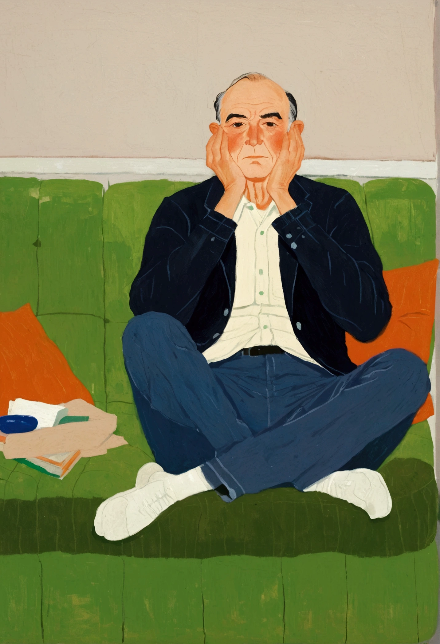 A man's sitting on a couch with his head in his hands, author:Alex Katz, inspired author:Alex Katz, Inspired by Chantal Joffe, A man's, author:Lois Dodd, inspired author:Lois Dodd, A man's画, by Kat Watcher, inspired by Noémi Ferenczy, Inspired by Euan Uglow, illustration