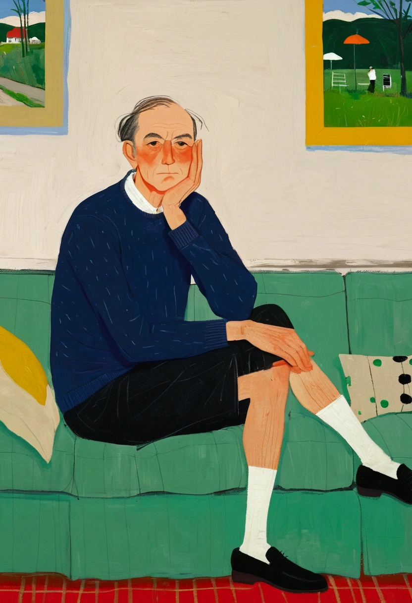 A man&#39;s sitting on a couch with his head in his hands, author：Alex Katz, inspired author：Alex Katz, Inspired by Chantal Joffe, A man&#39;s, author：Lois Dodd, inspired author：Lois Dodd, A man&#39;s画, by Kat Watcher, inspired by Noémi Ferenczy, Inspired by Euan Uglow, illustration